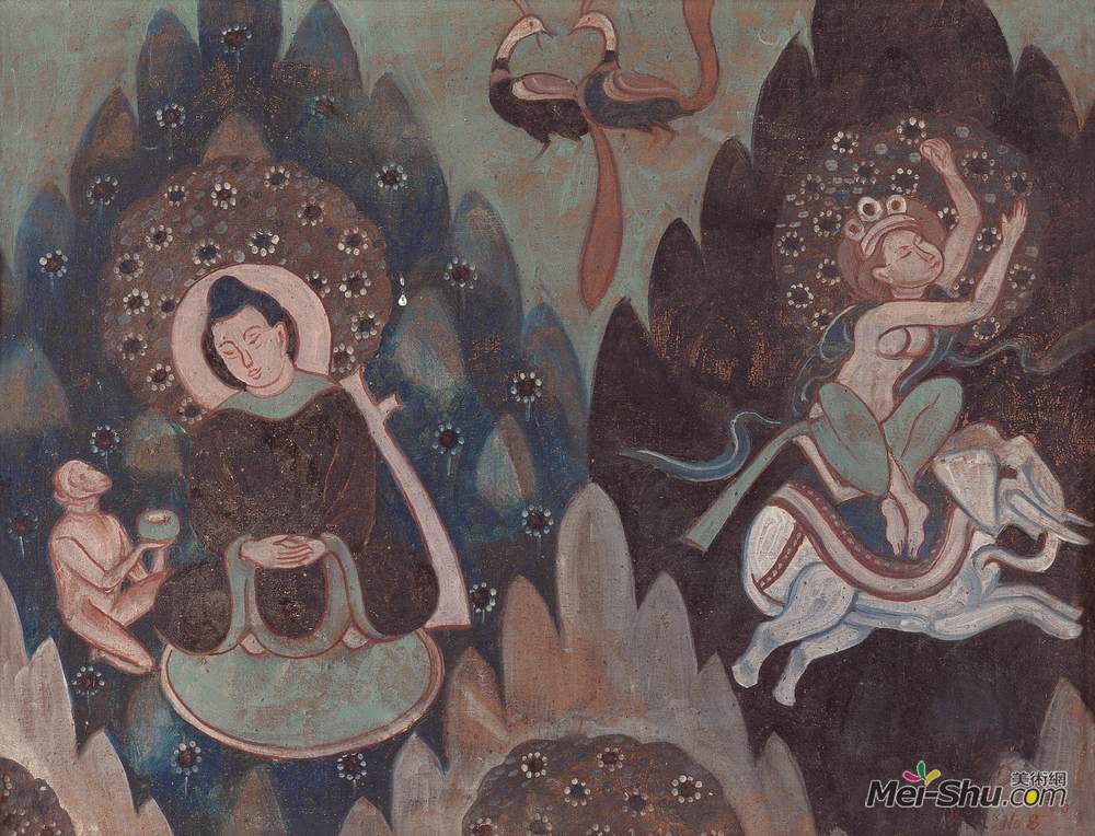 《骑象佛与猴子献果·克孜尔第38窟壁画摹写》韩乐然油画高清作品欣赏