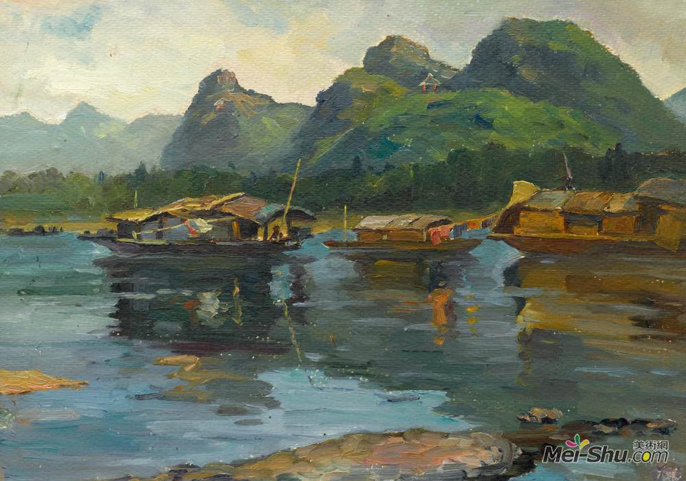 《桂林·漓江雨》韩景生油画高清作品欣赏