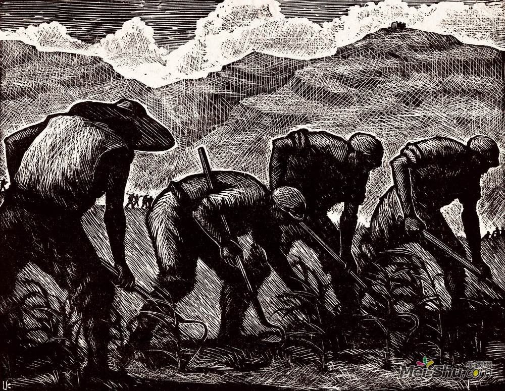 《帮助抗属除草》力群版画高清作品欣赏