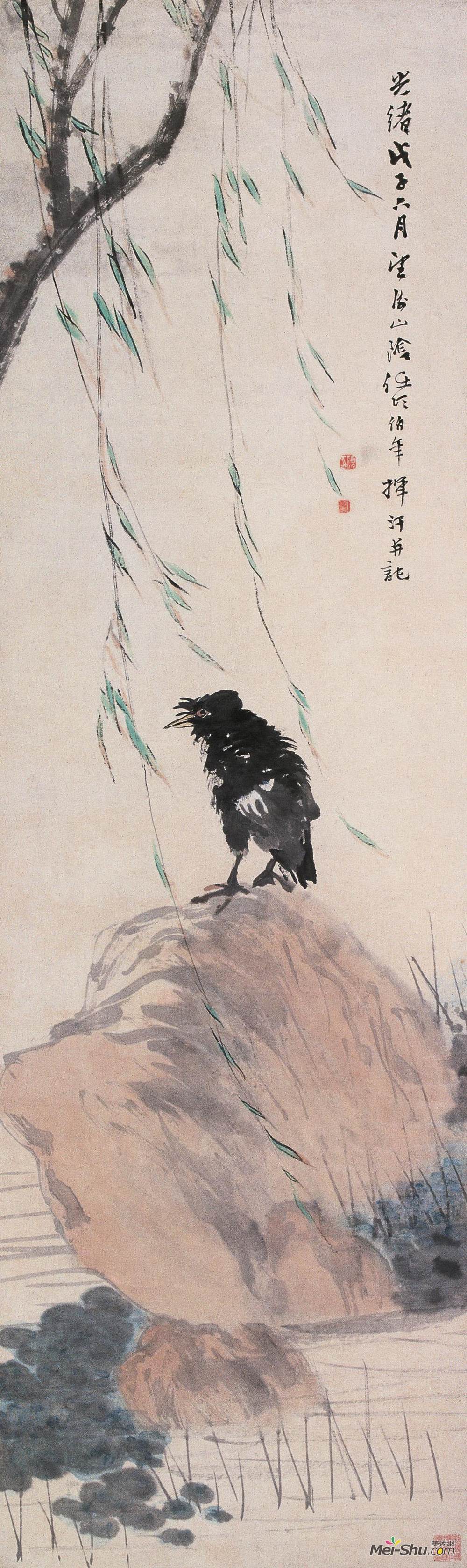 《柳塘浴禽图》 任伯年 1888年 133.8×39.9厘米