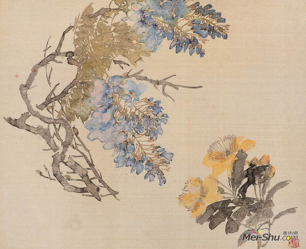 《紫藤黄花》 任伯年 31.6×39.2厘米