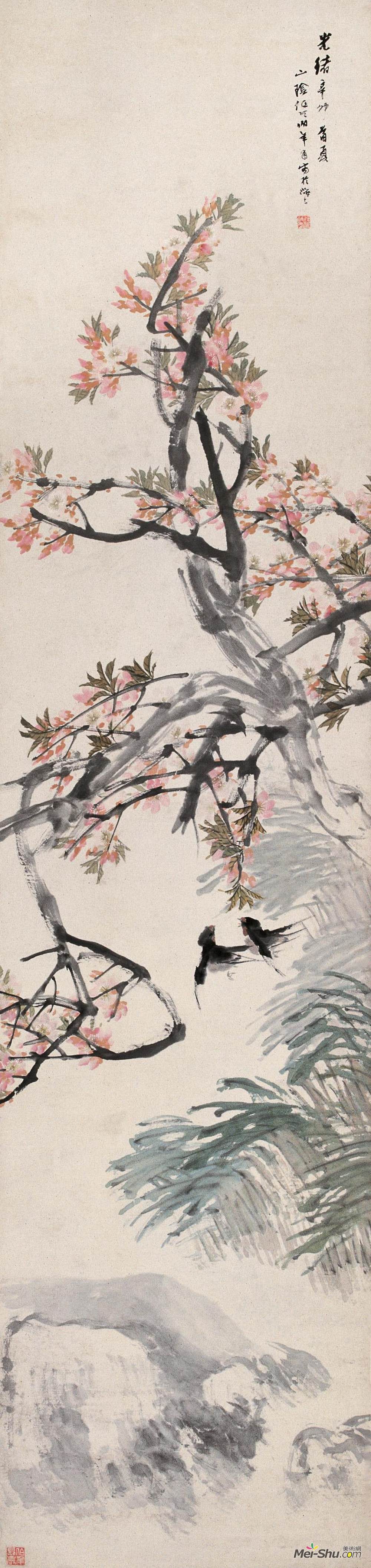 《桃花双燕》 任伯年 1891年 250.8×59.4厘米