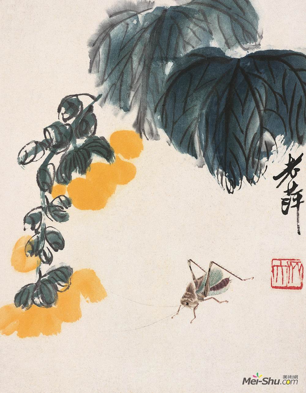 《黄花蝈蝈》齐白石中国画作品
