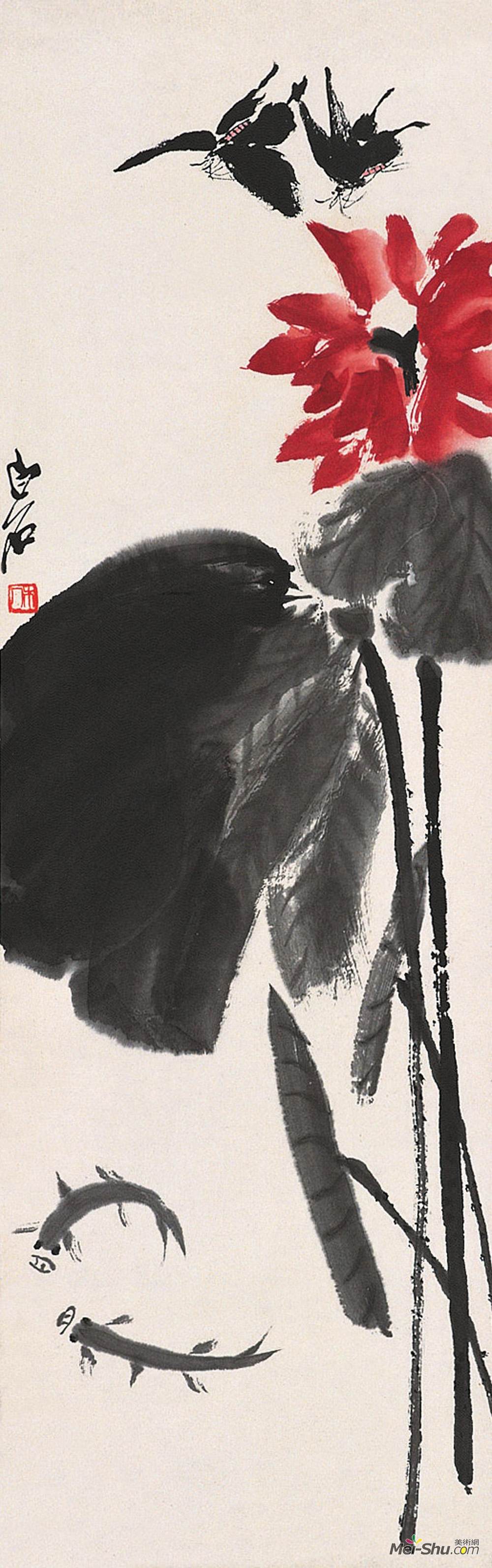 《红荷鱼蝶》齐白石中国画高清作品欣赏