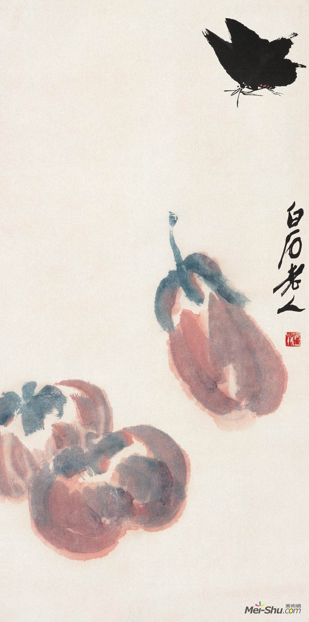 《茄子墨蝶》齐白石中国画作品欣赏