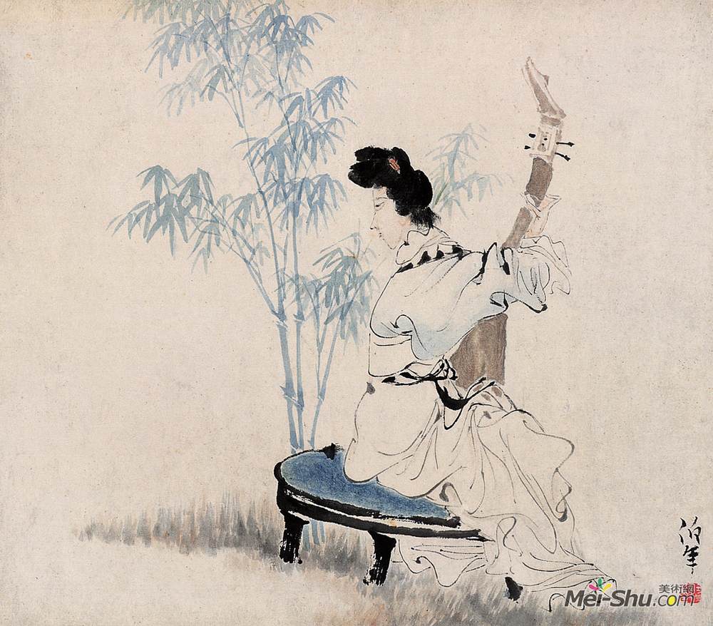 《竹下弹琴》 任伯年 1860年 29.9×33.7厘米