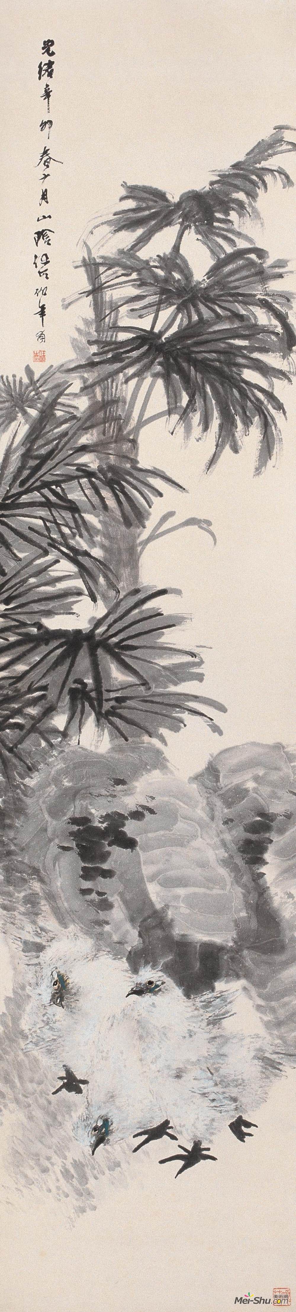 《蒲葵三鸡》 任伯年 1891年 215.4×49.3厘米