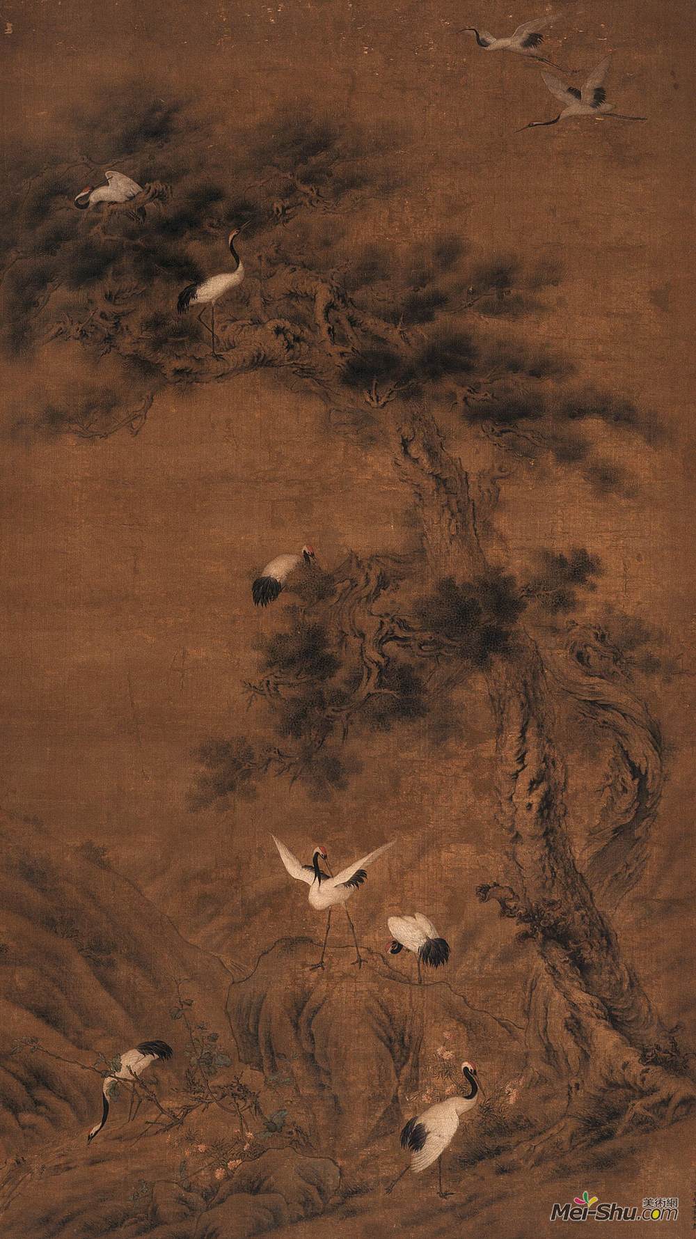 《松柏九鹤图》郎世宁中国画作品欣赏