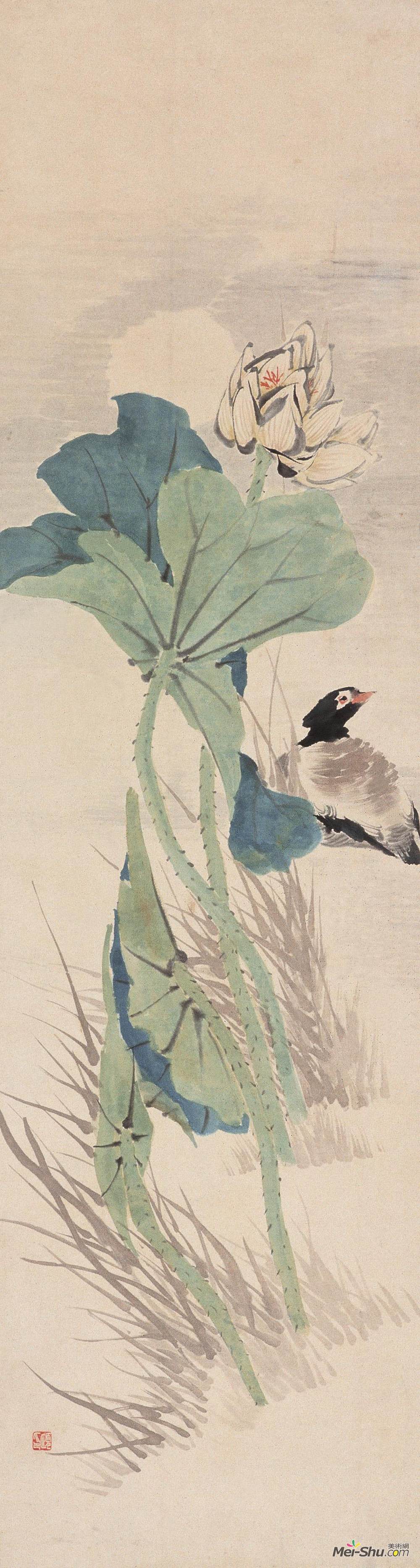 《荷花水鸟》 任伯年 1872年 145×39厘米
