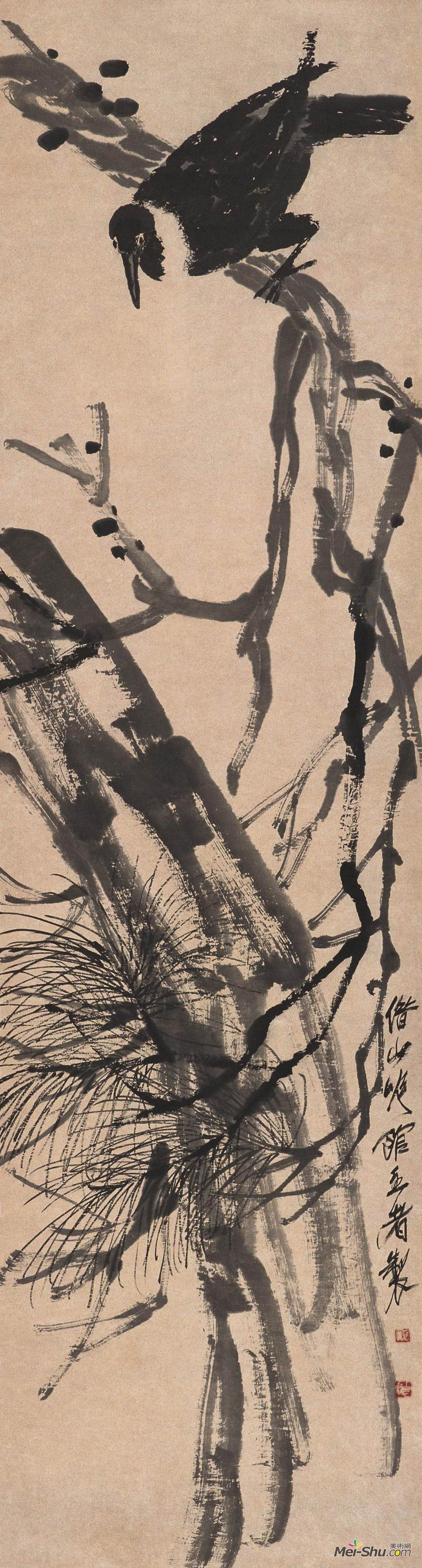 《苍松乌鸦》齐白石中国画高清作品欣赏