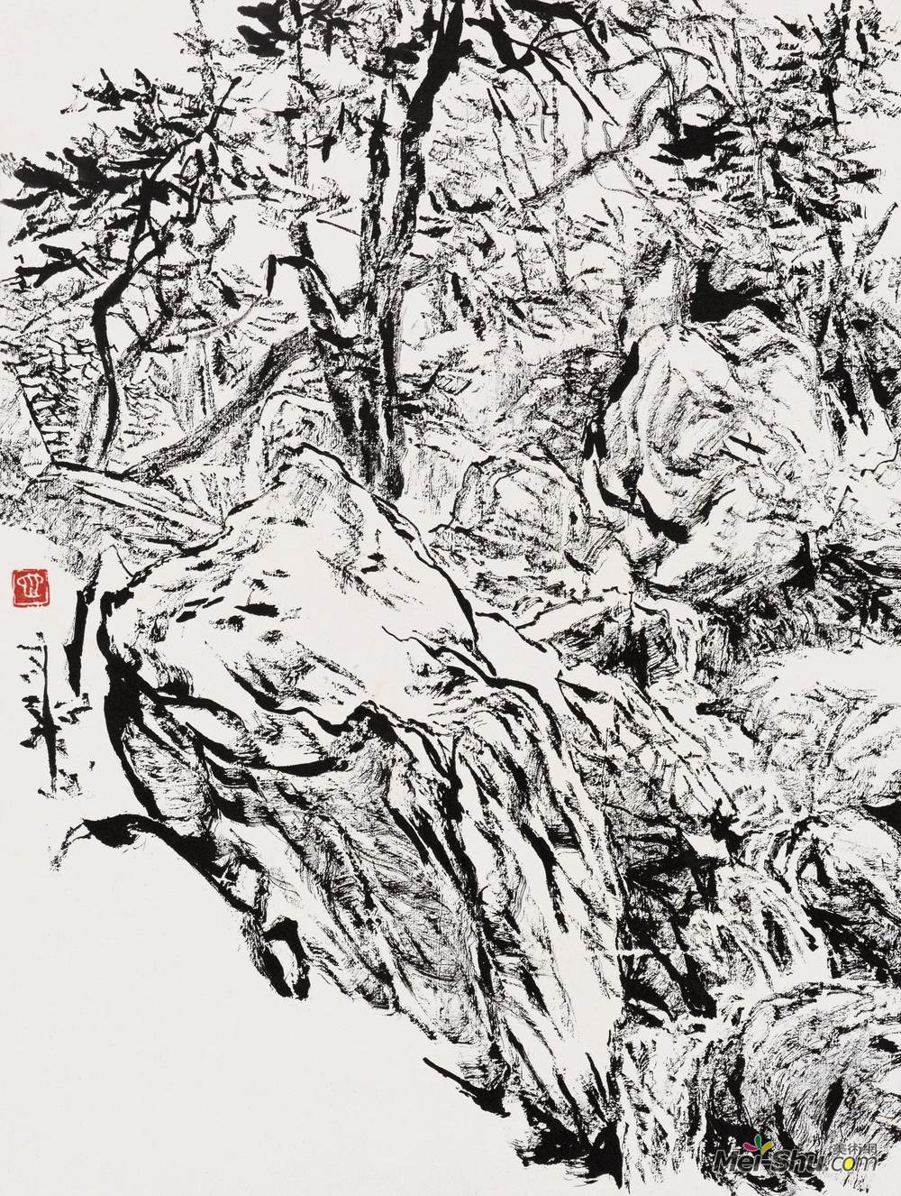 《香山写生·樱桃沟流泉》张仃中国画艺术作品欣赏