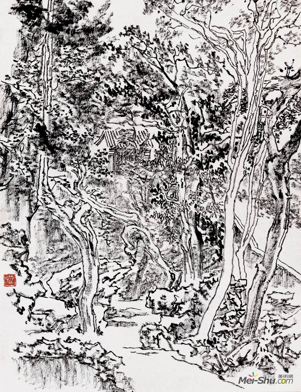 《香山写生·林中小屋》张仃中国画高清作品欣赏