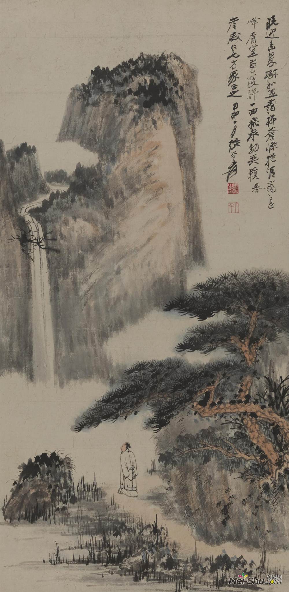 《松荫观瀑》张大千中国画艺术作品