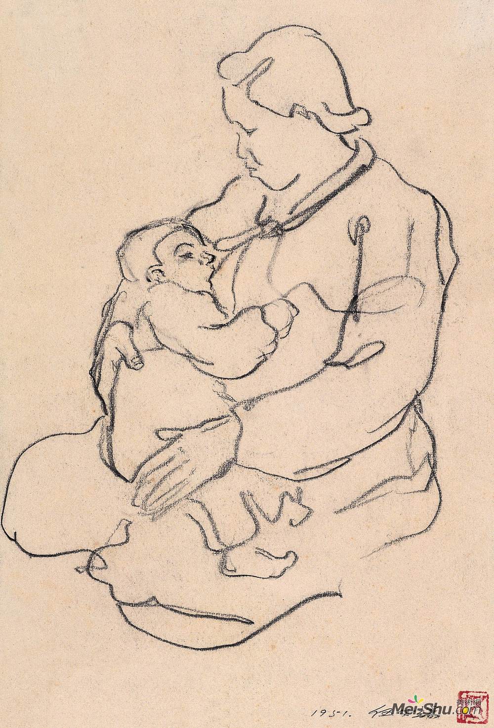 《母爱》伍必端素描艺术作品