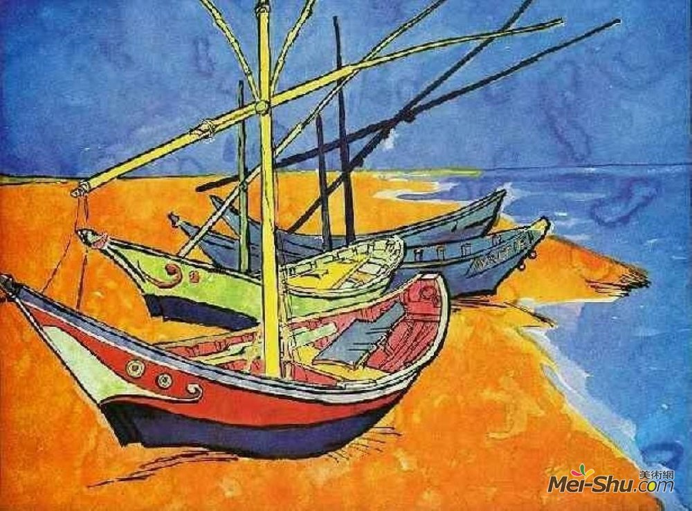 在圣马迪拉莫海边的渔船/1888年/梵高博物馆 