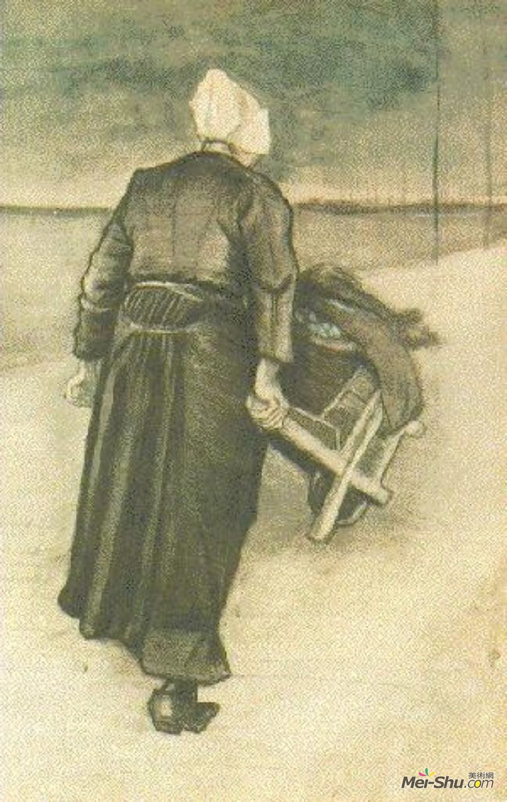 推着独轮手推车的席凡宁根女子赏析 