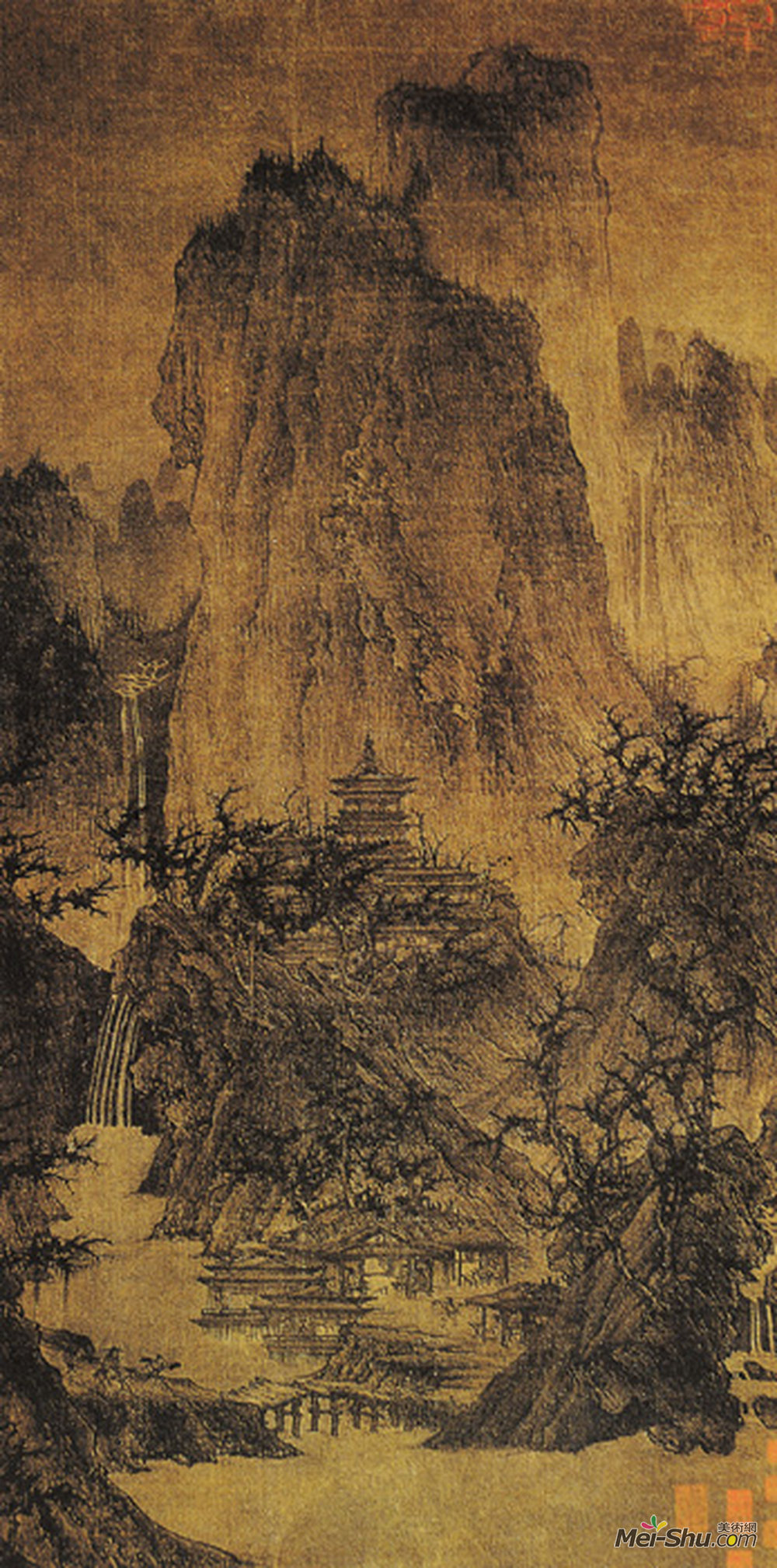 《晴峦萧寺图》北代李成绢本淡设色纵111.4厘米 横56厘米 美国堪萨斯城纳尔逊美术馆藏
