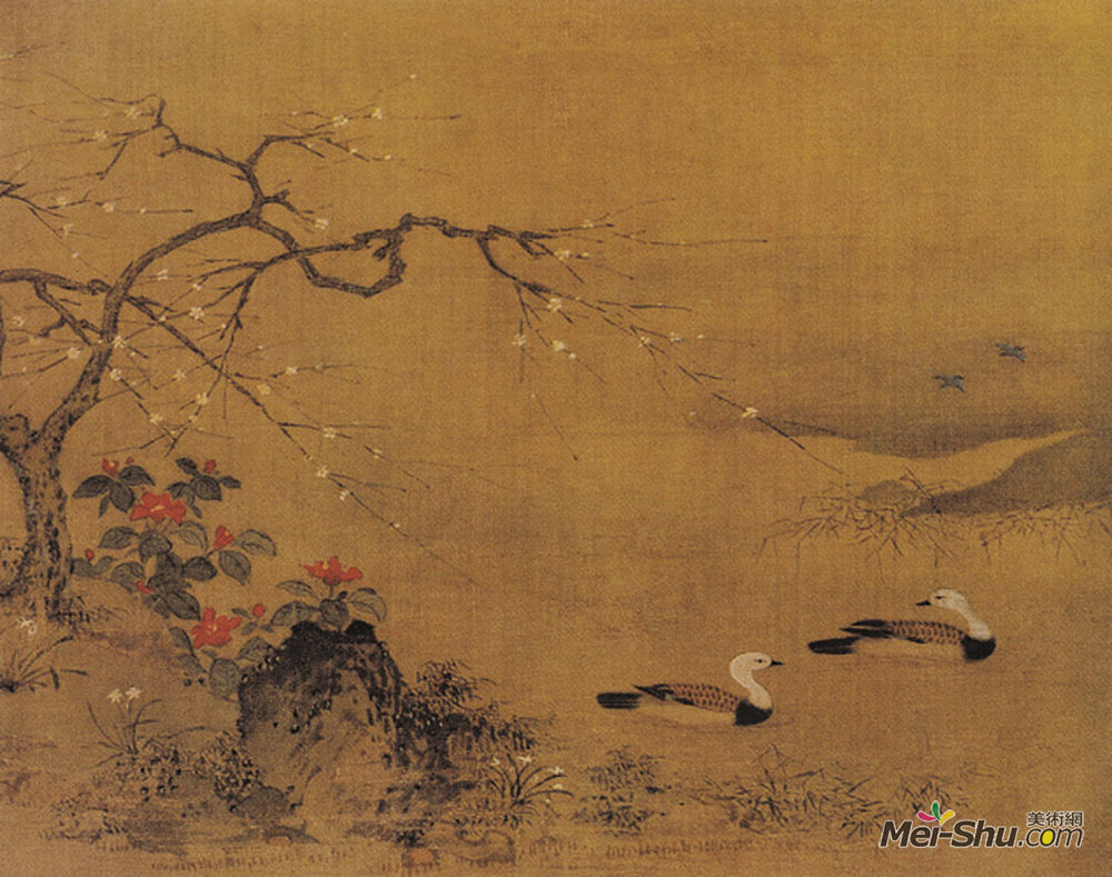 《寒塘聚禽图》中国花鸟名画