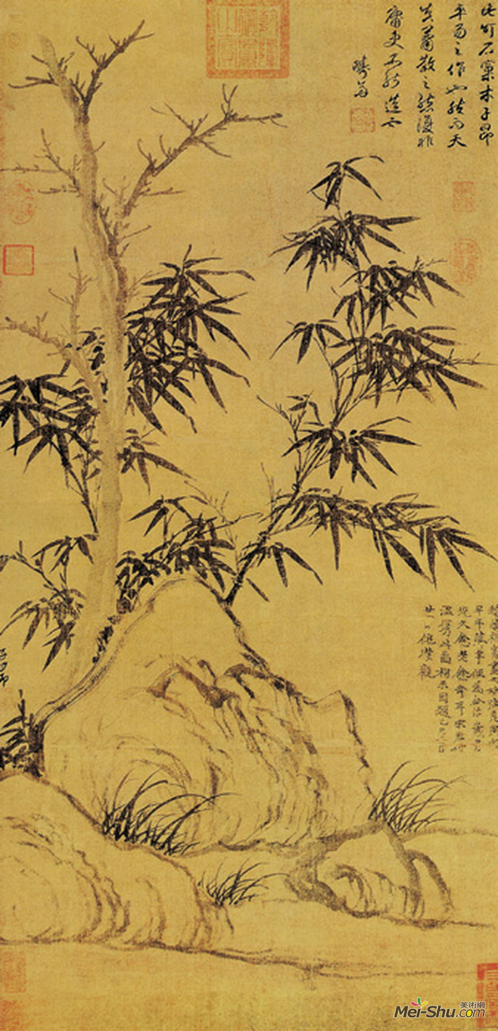 《窠木竹石图》元 赵孟頫绢本水墨 纵99.4厘米 横48.2厘米台北故宫博物院藏