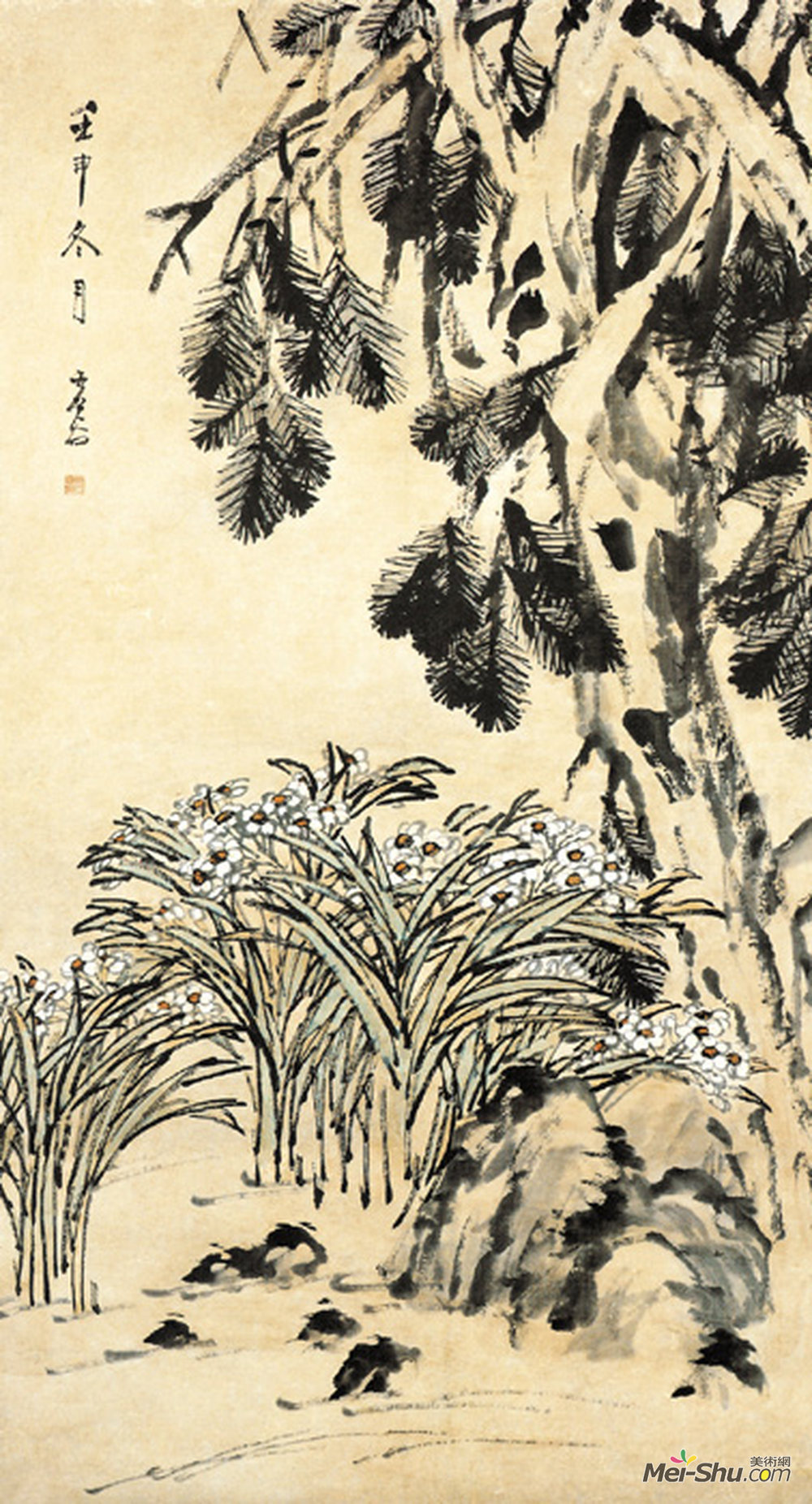 《松石水仙图》清虚谷纸本设色纵178厘米横96厘米北京故宫博物院藏