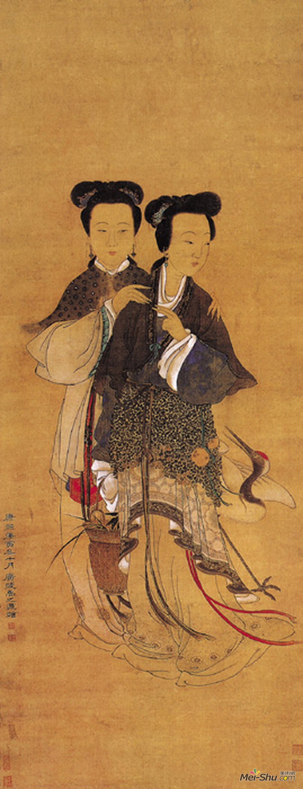 《双英图》清禹之鼎 绢本设色 纵136厘米横56厘米 清华大学美术学院藏