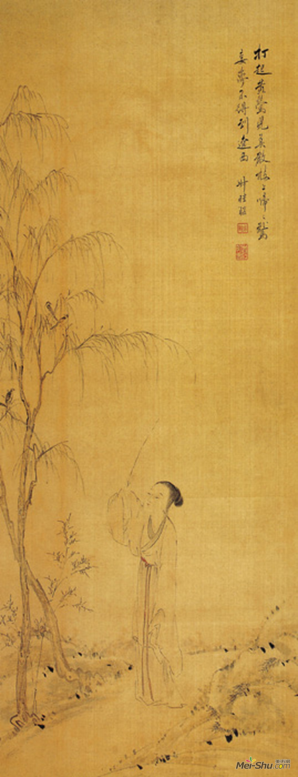 《弄莺图》清王学浩绢本设色纵100.3厘米横39.4厘米无锡市博物馆藏