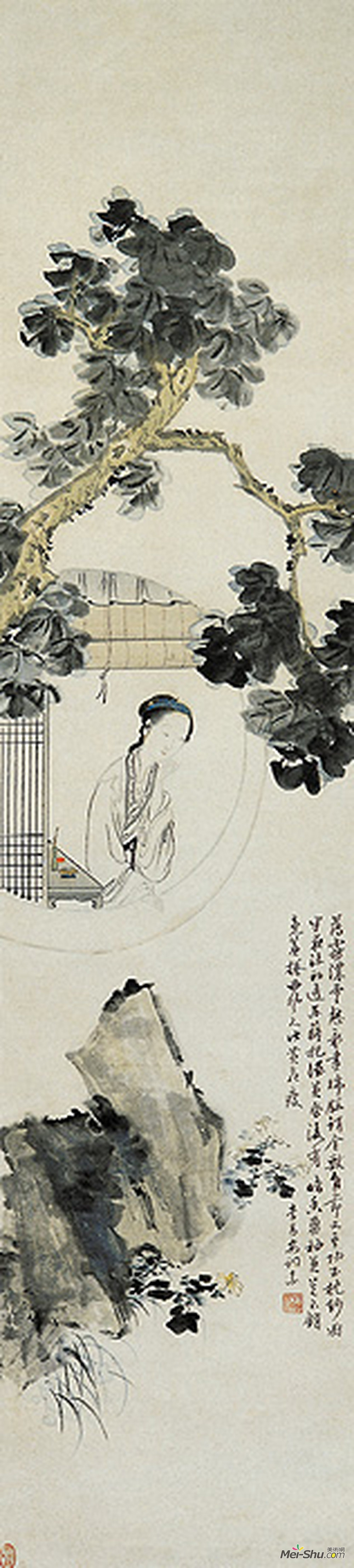 《梧桐仕女图》清王愫 纸本设色 纵134.6厘米横30.9厘米南京博物院藏