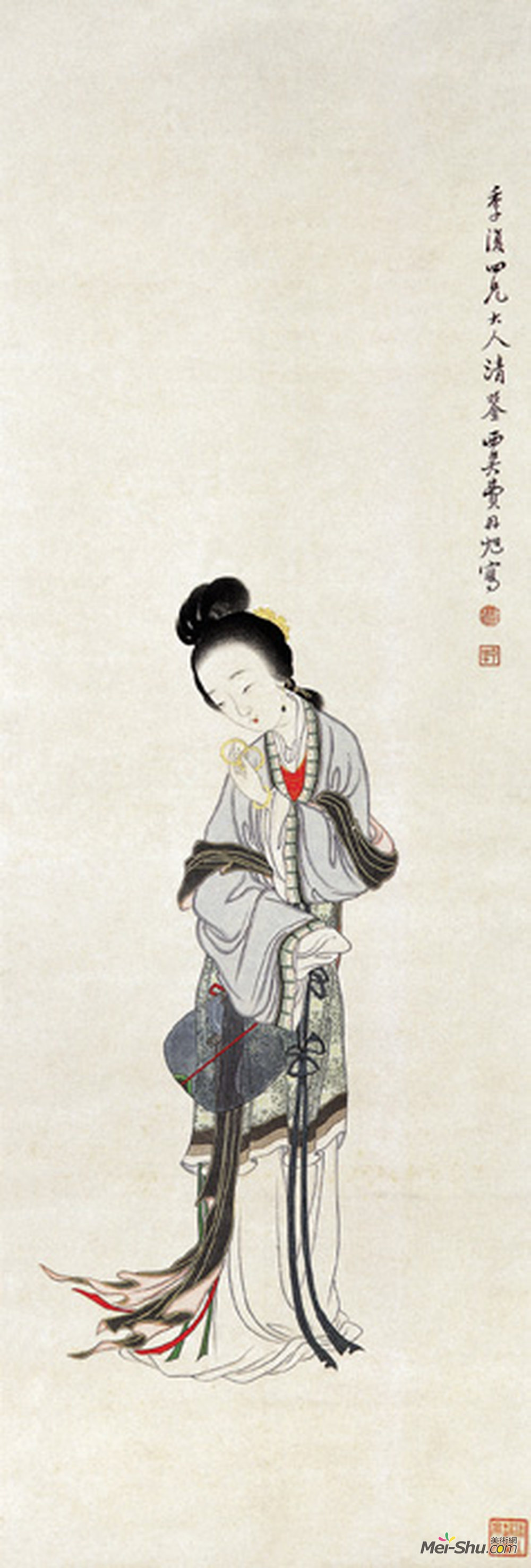 《弄镯图》清费丹旭 纸本设色 纵90厘米 横30厘米清华大学美术学院藏