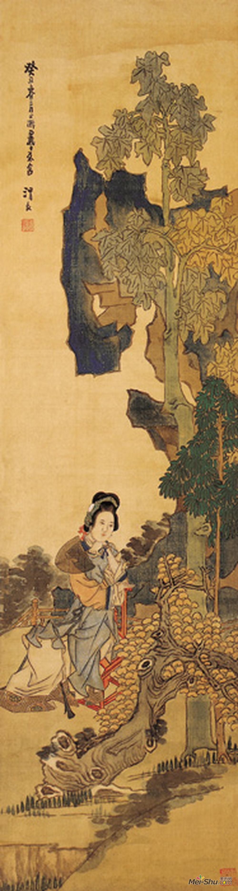 《桐荫抚扇图》清任熊绢本设色纵154.5厘米横41厘米清华大学美术学院藏