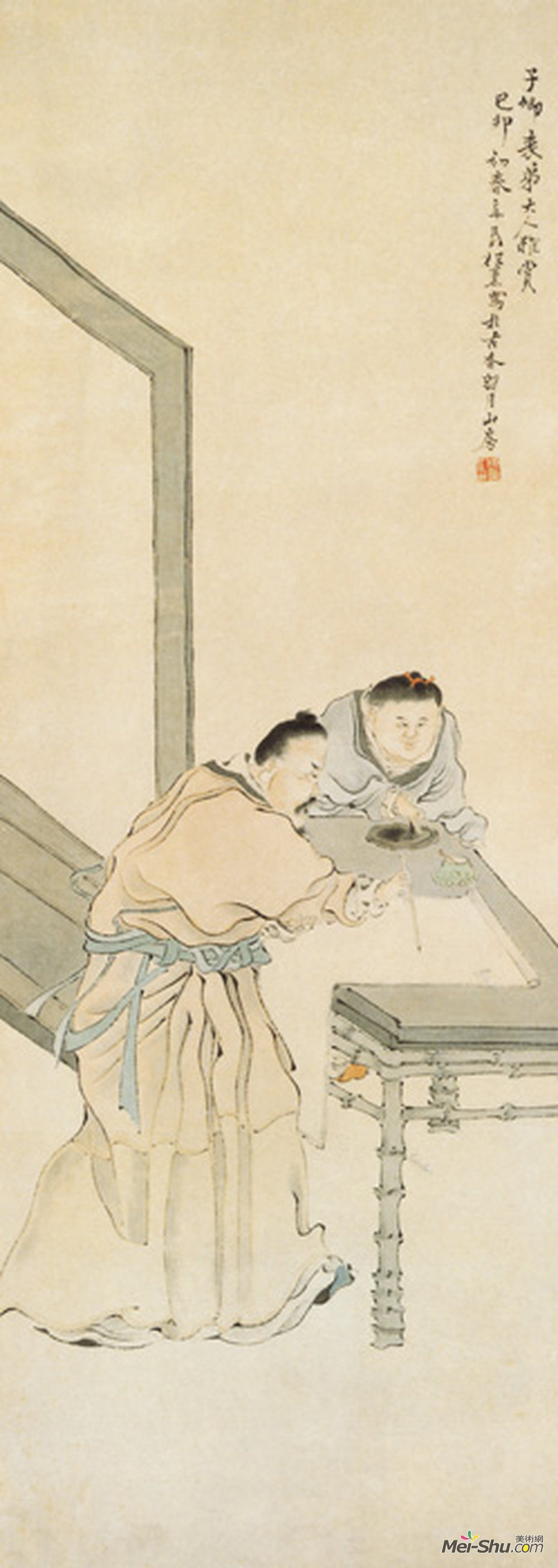 《绶砚作书图》清任薰纸本设色