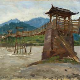 《灌县竹索桥-1》冯法祀油画高清作品欣赏