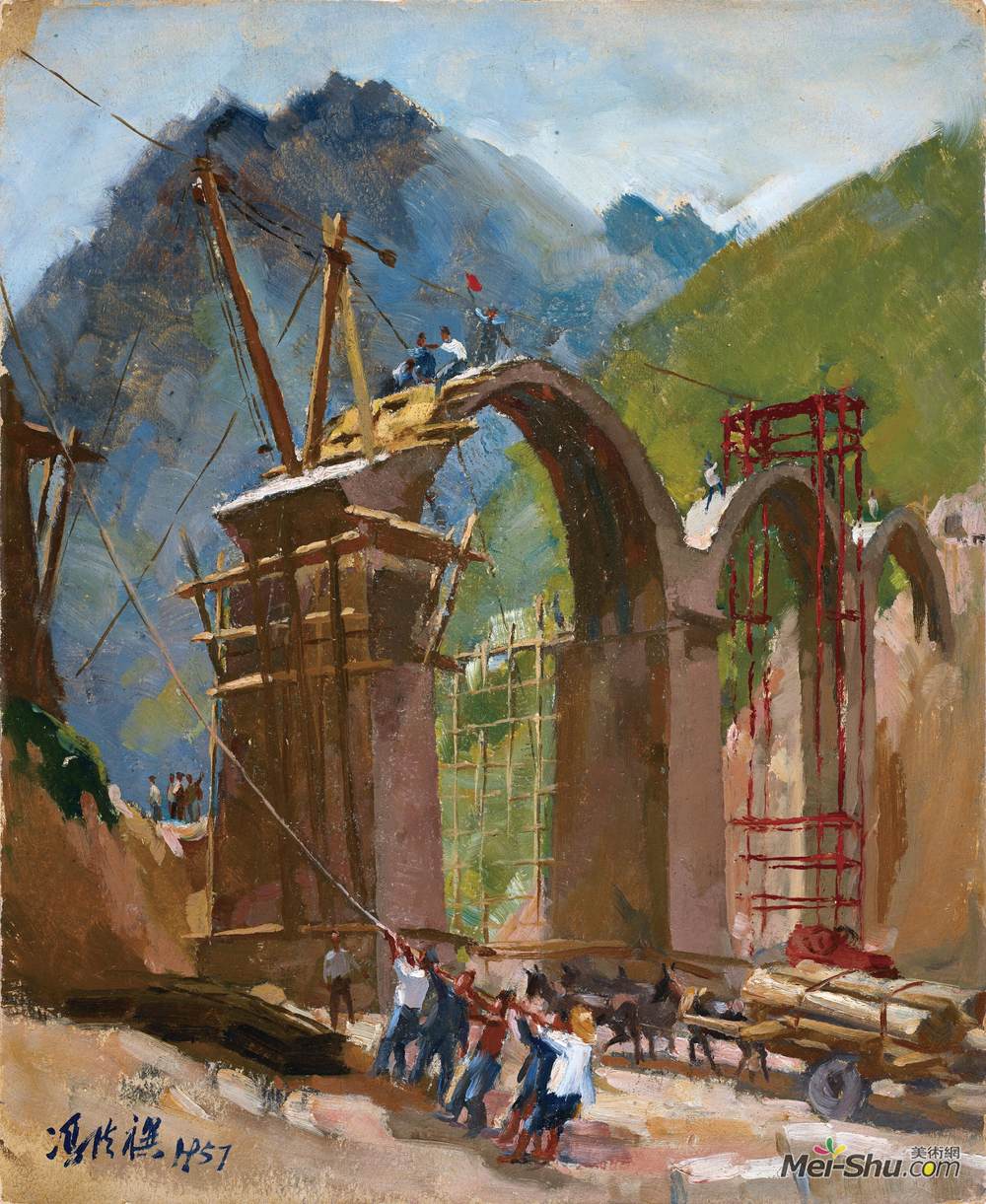 建设中的深沙河大桥1冯法祀油画作品欣赏