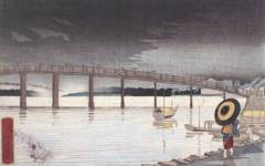 《东京新大桥雨中图》小林清亲版画作品