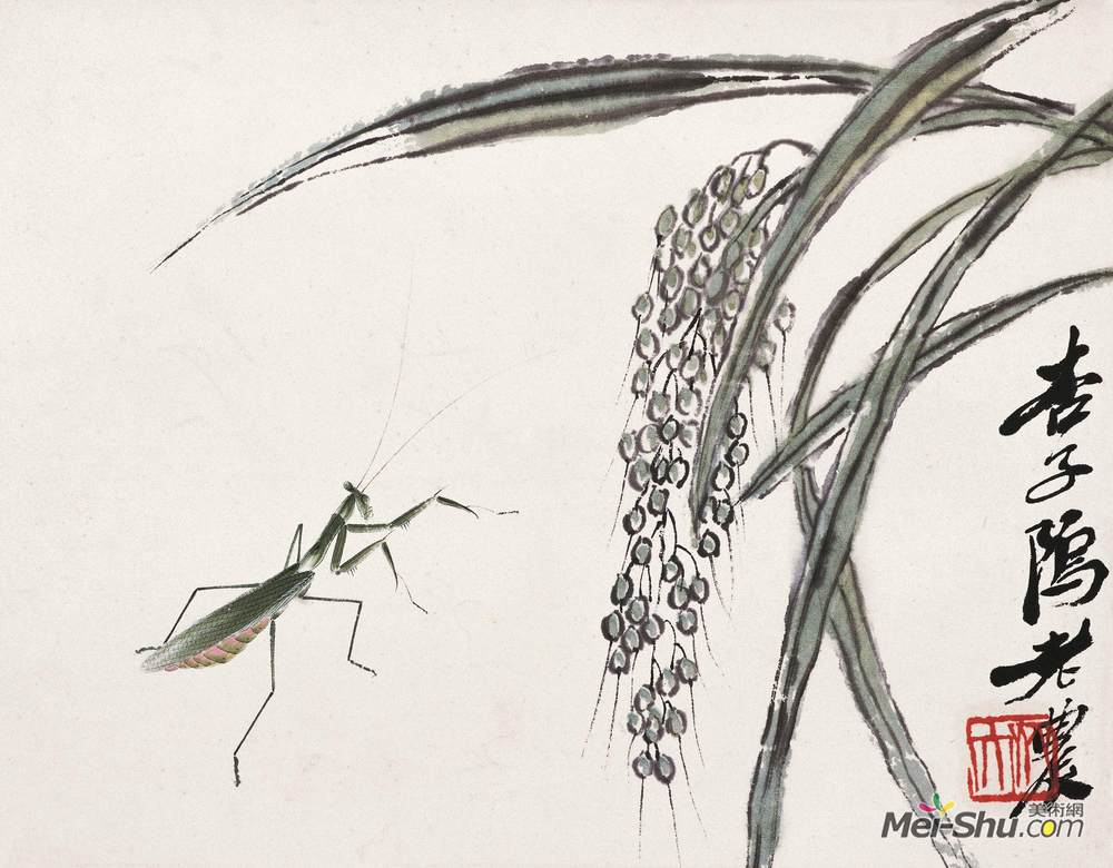 《水稻螳螂》齐白石中国画艺术作品欣赏