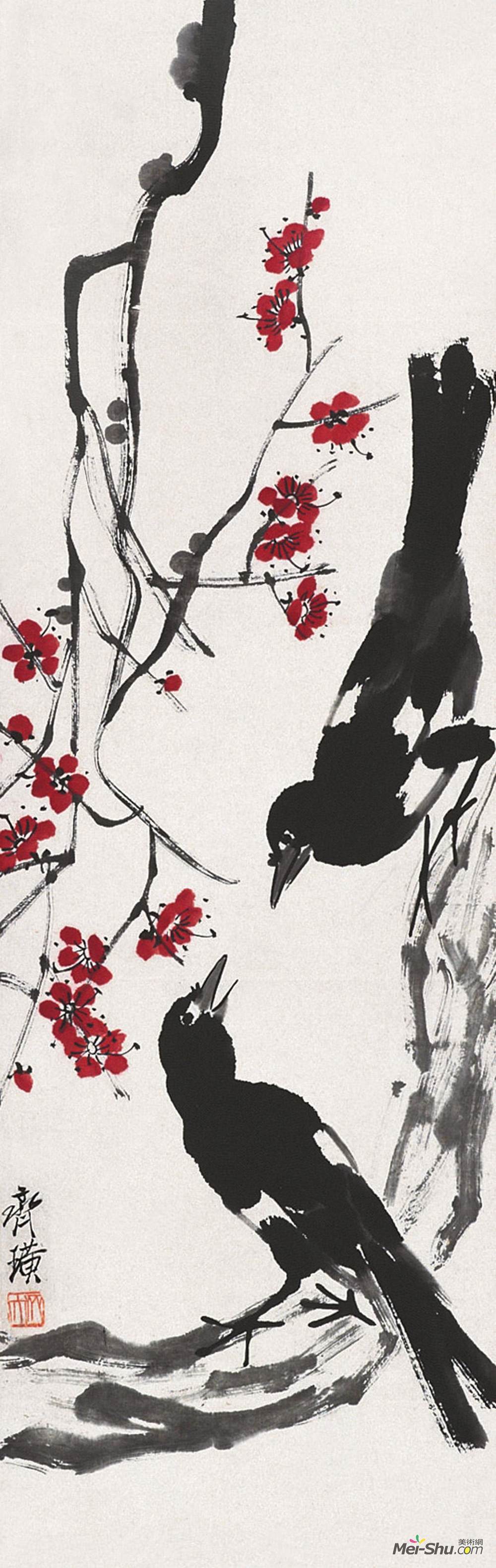 《红梅喜鹊》齐白石中国画艺术作品欣赏