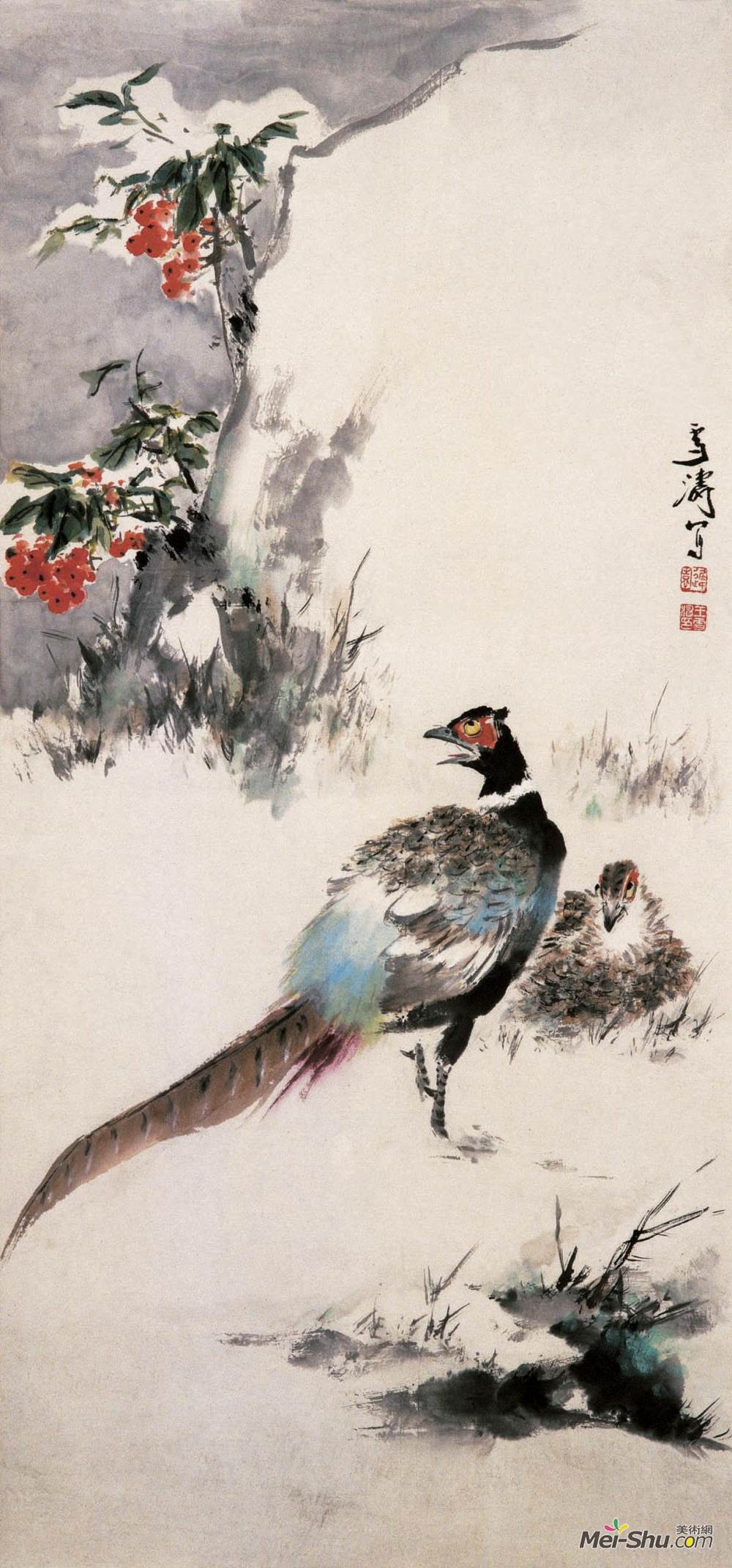 1965规格:100×47cm材质:纸本水墨设色中国画作品简介:王雪涛(1903
