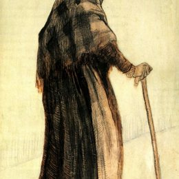 《拄着拐杖围着披肩的老妇》梵高(Van Gogh)作品高清
