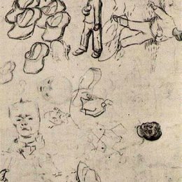 《桌子边的人,播种者和木屐的素描》梵高(Van Gogh)作品欣赏高清