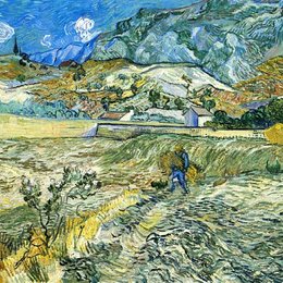 《有围栏的麦田和农民》梵高(Van Gogh)欣赏高清