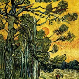 《夕阳映照着的红色天空下的松树林》梵高(Van Gogh)作品欣赏高清