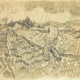 《有围栏的麦田和雨中播种的人》梵高(Van Gogh)艺术高清