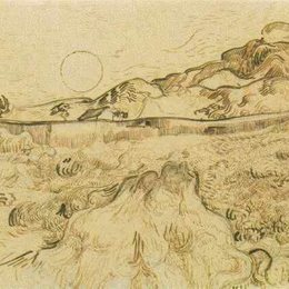 《有围栏的麦田和收割的人》梵高(Van Gogh)作品高清