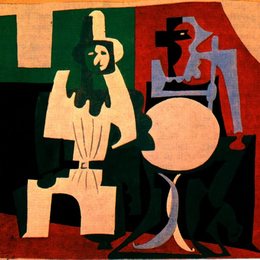 《在咖啡馆的阳台上的皮埃罗和小丑》毕加索