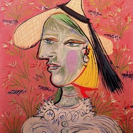 《华丽背景下草帽的女子》毕加索艺术作品高清