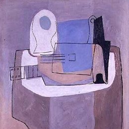 《吉他、酒瓶和装水果的盘子》毕加索高清