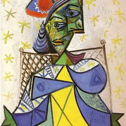 《坐着的戴红蓝相间帽子的女子》毕加索作品欣赏