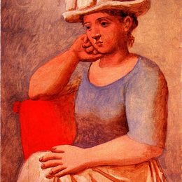 《靠在椅子上戴帽子的女子》毕加索高清