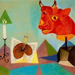 《蜡烛、调色板和红色的牛头》毕加索