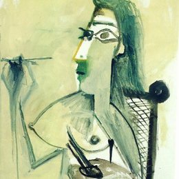 《坐在扶手椅上绘画的裸女》毕加索高清艺术作品