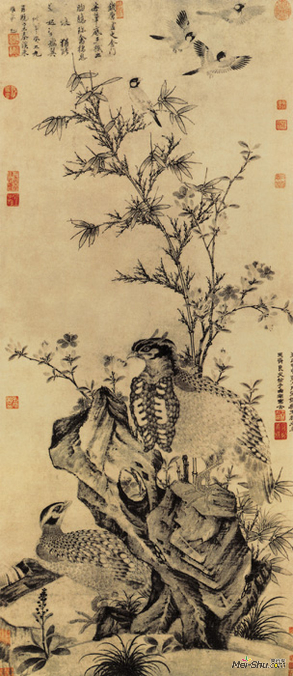 《竹石集禽图》元王渊纸本水墨纵137.7厘米横59.5厘米 上海博物馆藏